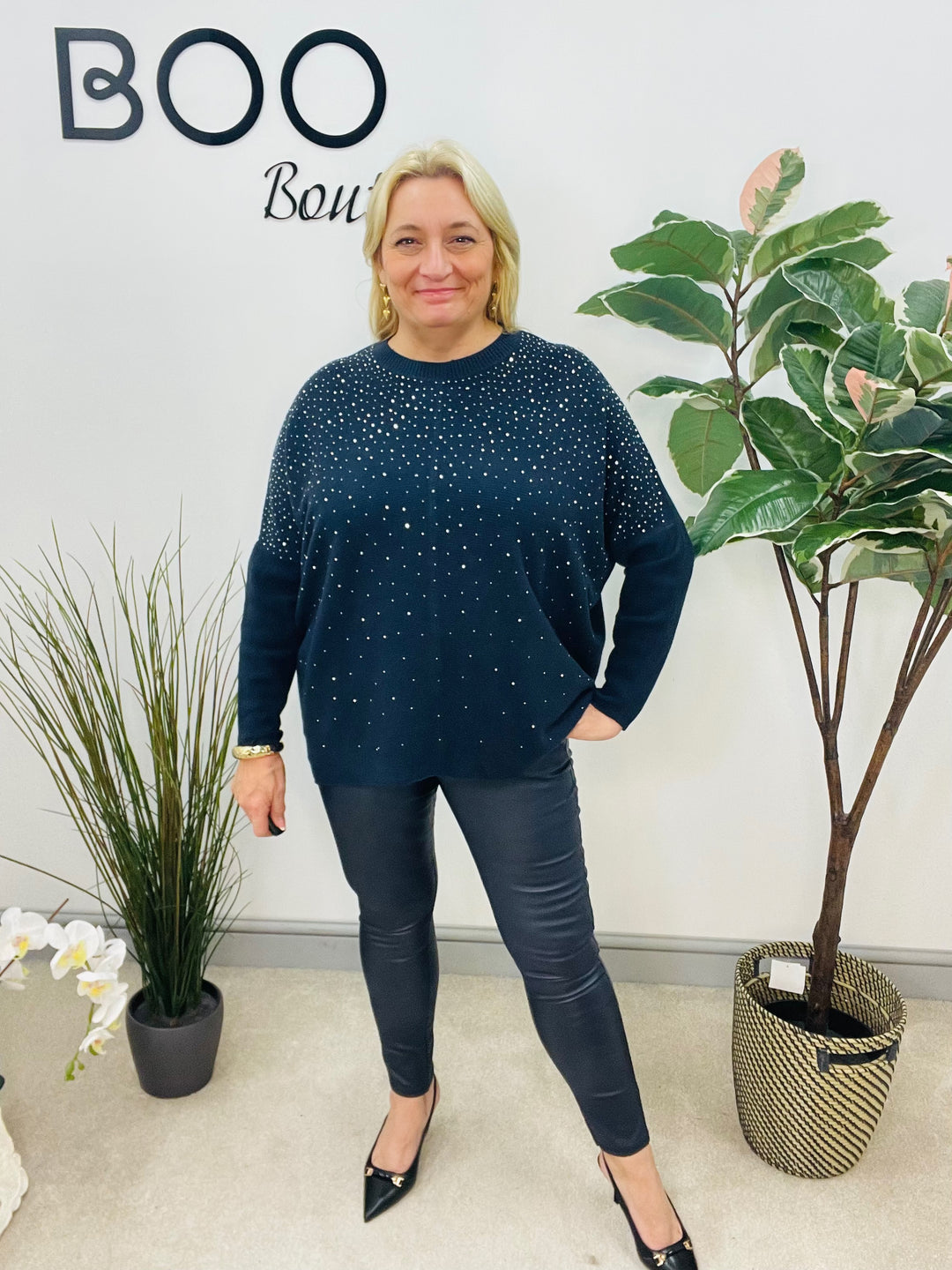 LADIES LOOSE FIT DIAMANTE OVERSIZE JUMPER - BLACK, GREY, NAVY, BROWN