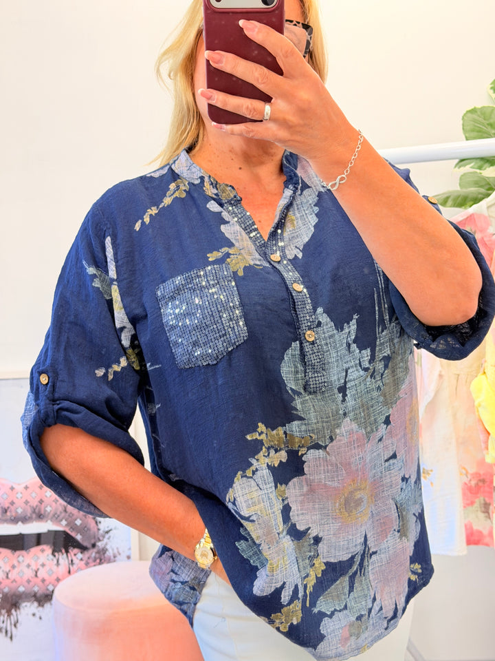 Ladies Floral Print Light Linen Grandad Shirt Top - White, Navy & Lemon