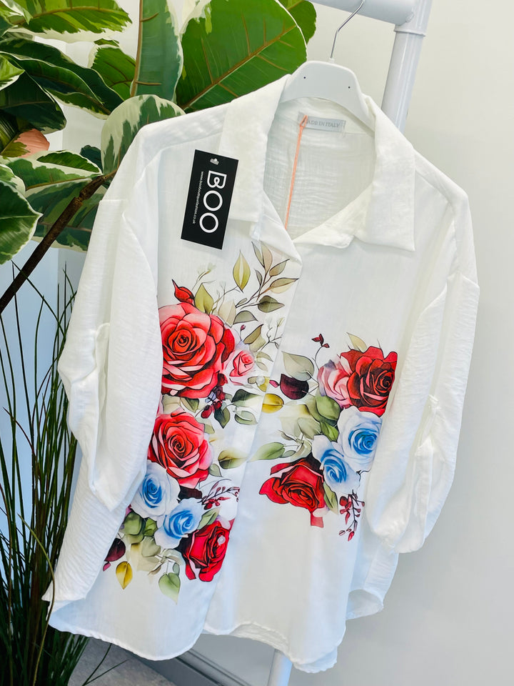LADIES WHITE FLORAL PRINT LINEN SHIRT