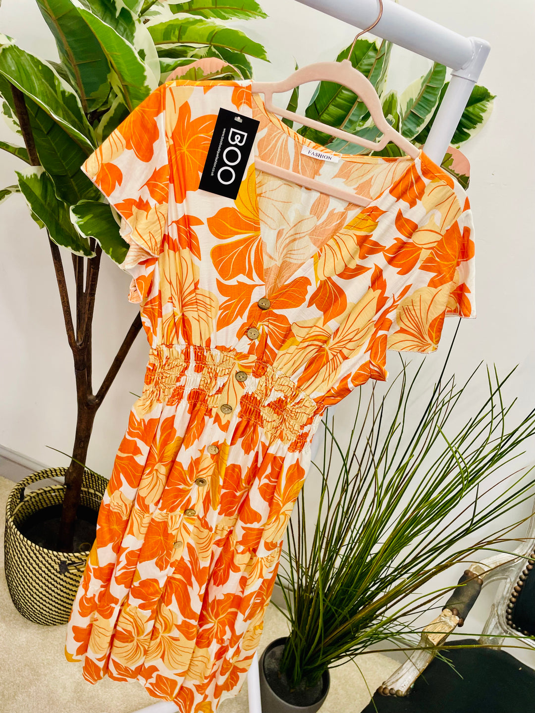 LADIES LEAF PRINT SUMMER EASY WEAR DAY DRESS - BLUE, ORANGE & PINK