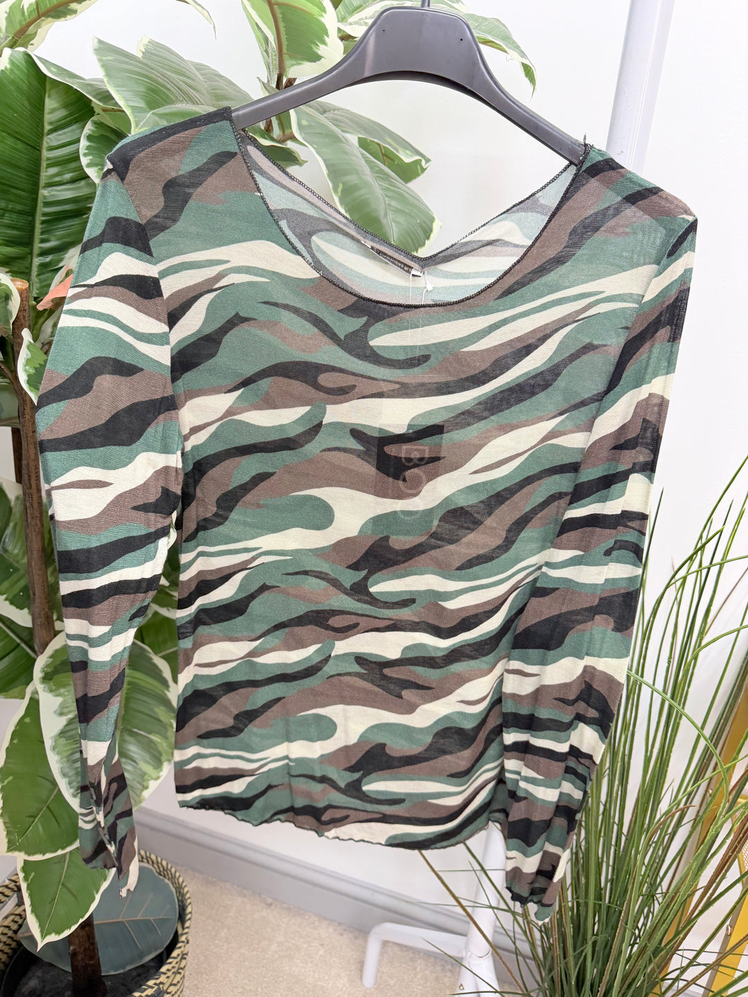 Womens sheer camouflage layer top - blue, khaki, navy & black