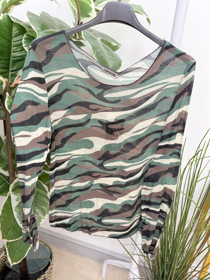 Womens sheer camouflage layer top - blue, khaki, navy & black