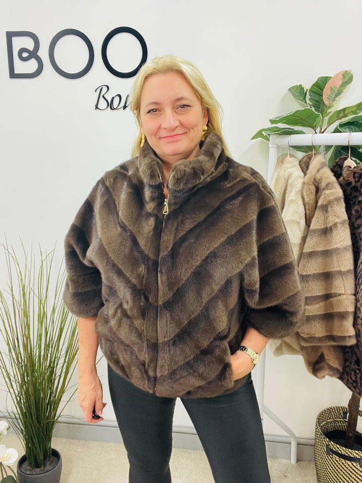 LADIES LUXURY FAUX FUR CAPE JACKET - BROWN, MINK, CREAM LEOPARD