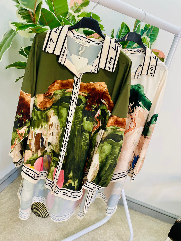 LADIES SATIN OVERSIZE AMALFI PRINT SHIRT - KHAKI & CREAM