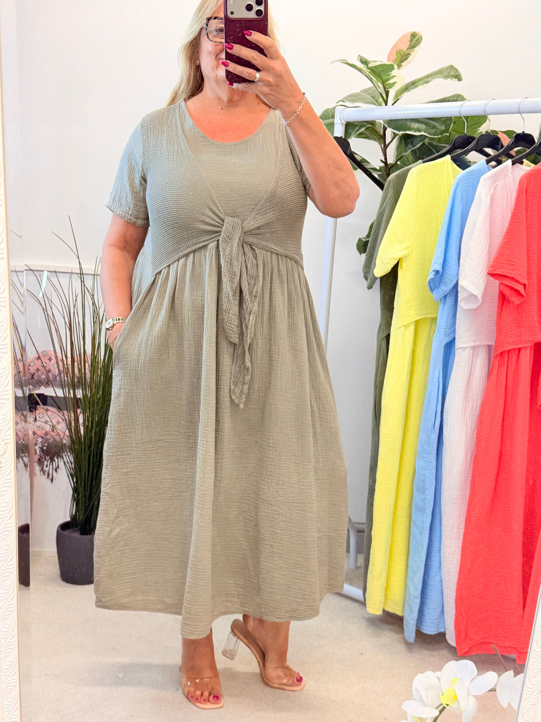 Ladies Cheesecloth Summer Midi Dress - Lemon, Khaki, Coral, White, Lemon, Blue