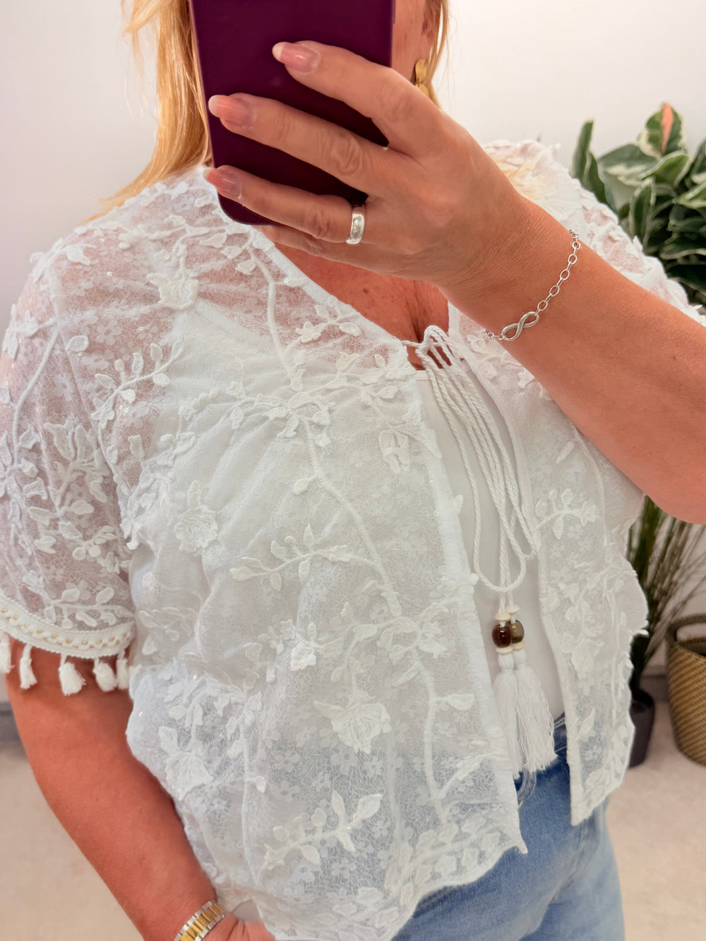 Ladies Fashion Sheer Sparkly Bolero Cardigan - white and Beige