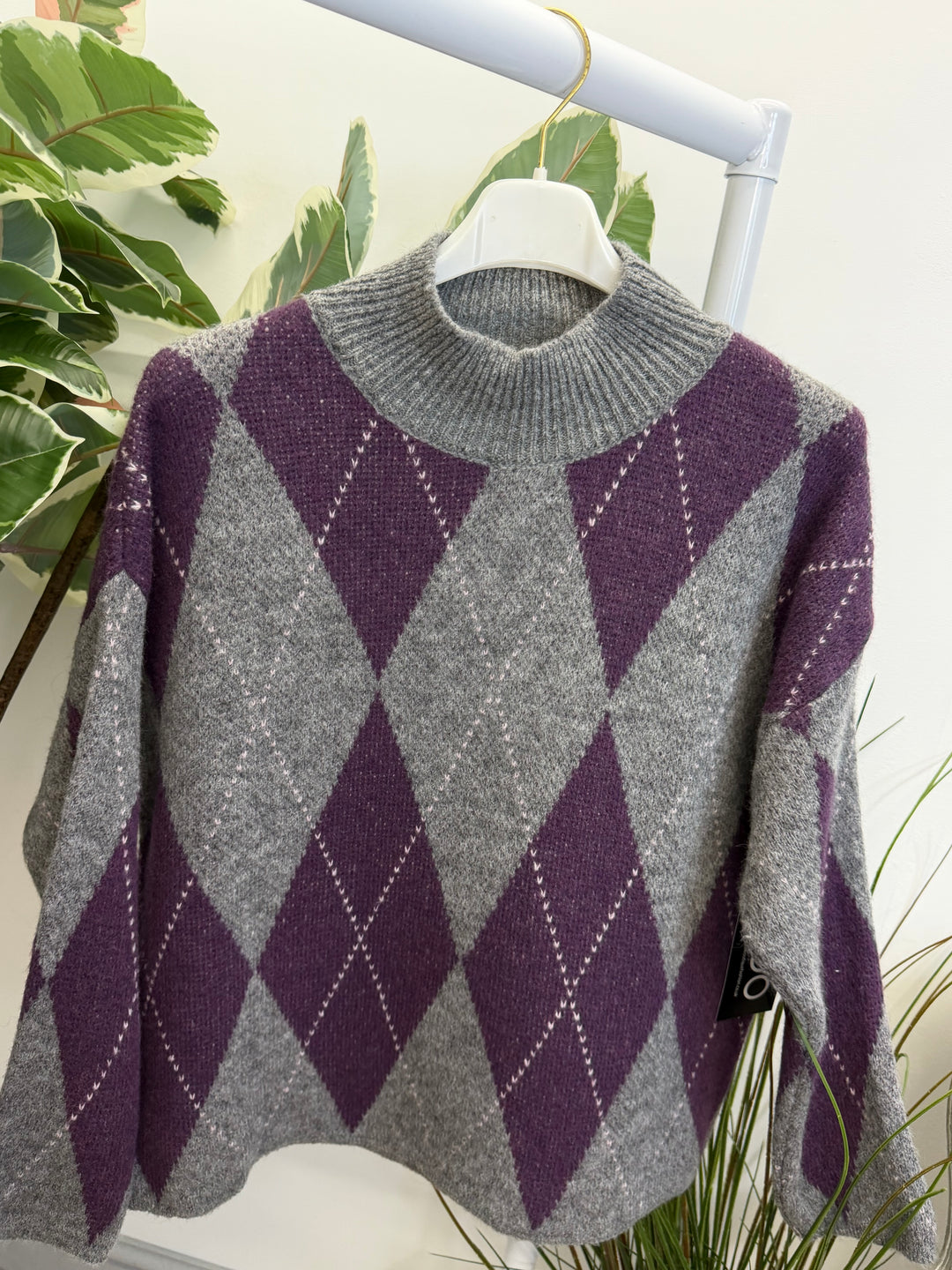 LADIES FASHION ARGYLE KNIT JUMPER - BERRY, PINK, GREY, PURPLE