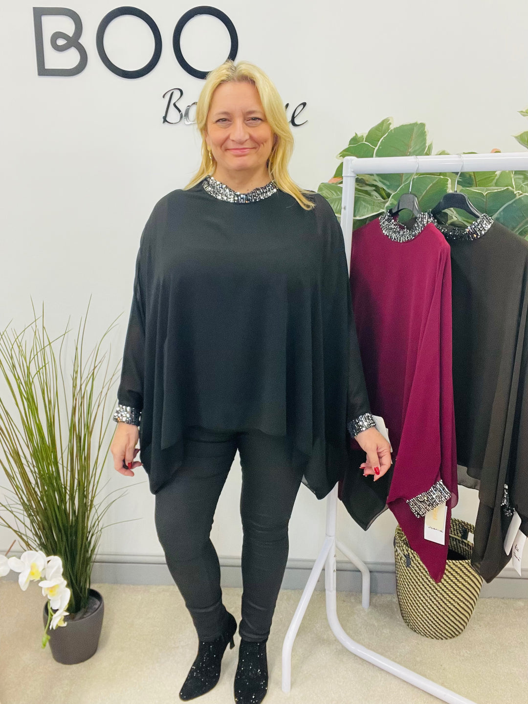 LADIES CHIFFON FLOATY SEQUIN PARTY TOP - BROWN, BLACK, BERRY