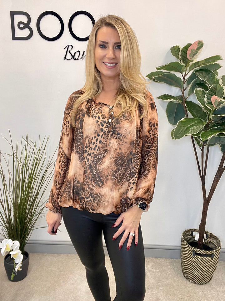 LADIES ANIMAL PRINT CHIFFON BARDOT TOP - CAMEL & BROWN