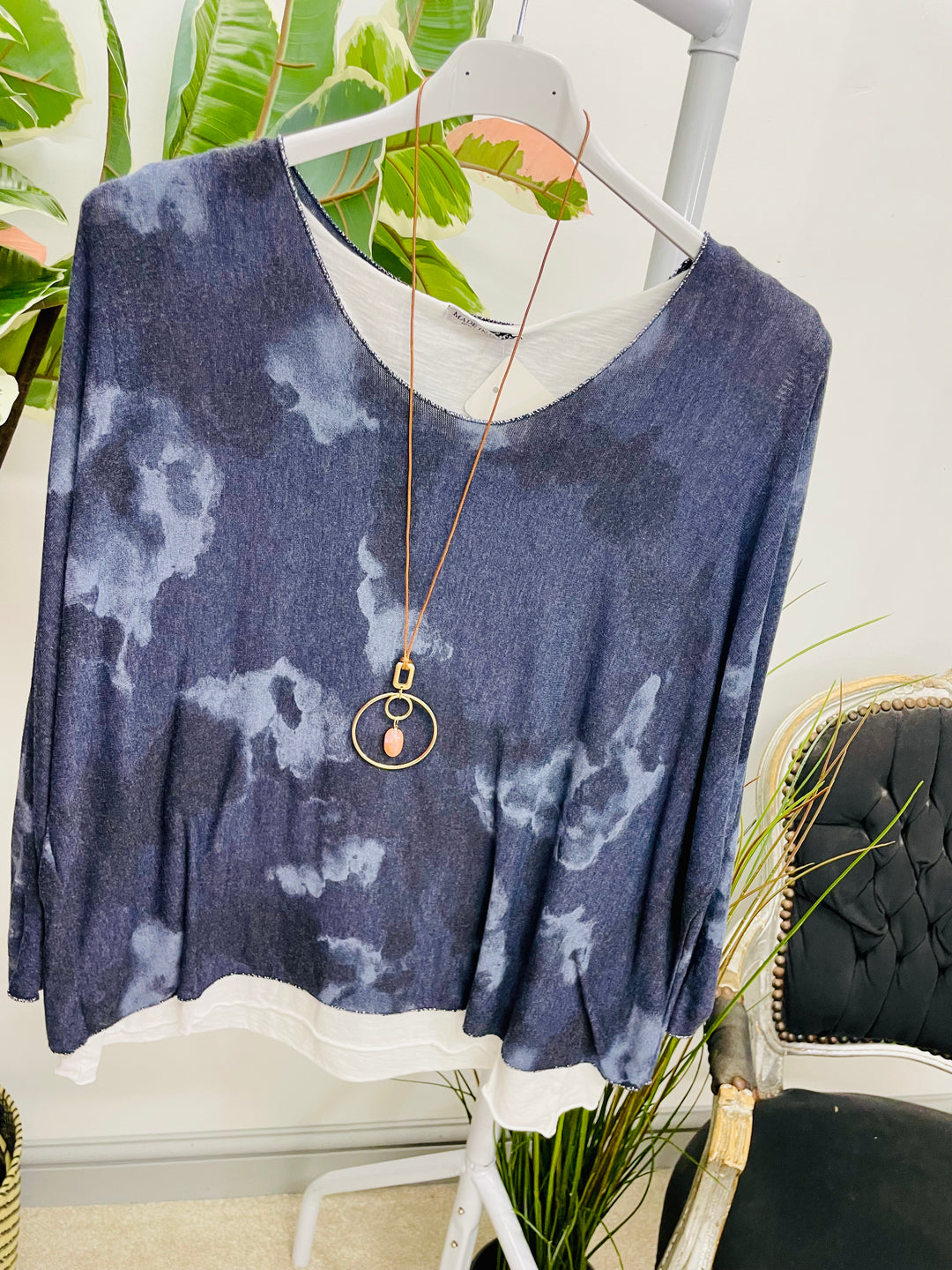 LADIES TIE DYE DOUBLE LAYER TOP - NAVY, BURGUNDY & KHAKI