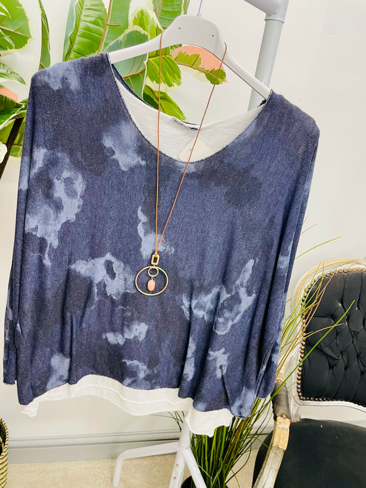 LADIES TIE DYE DOUBLE LAYER TOP - NAVY, BURGUNDY & KHAKI