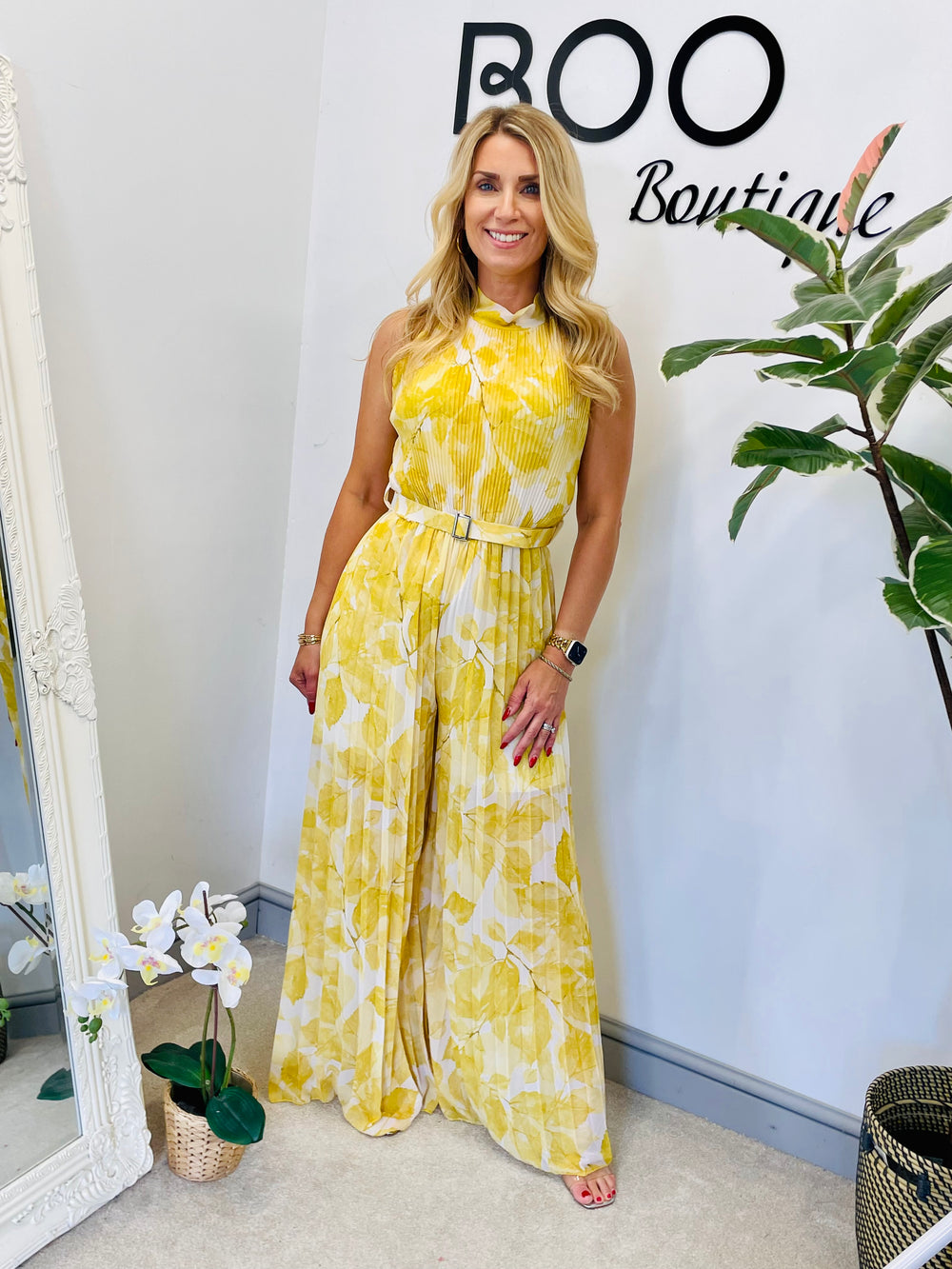 LADIES CHIFFON PLEATED HIGH NECK JUMPSUIT - BLUE, NAVY, PINK, YELLOW