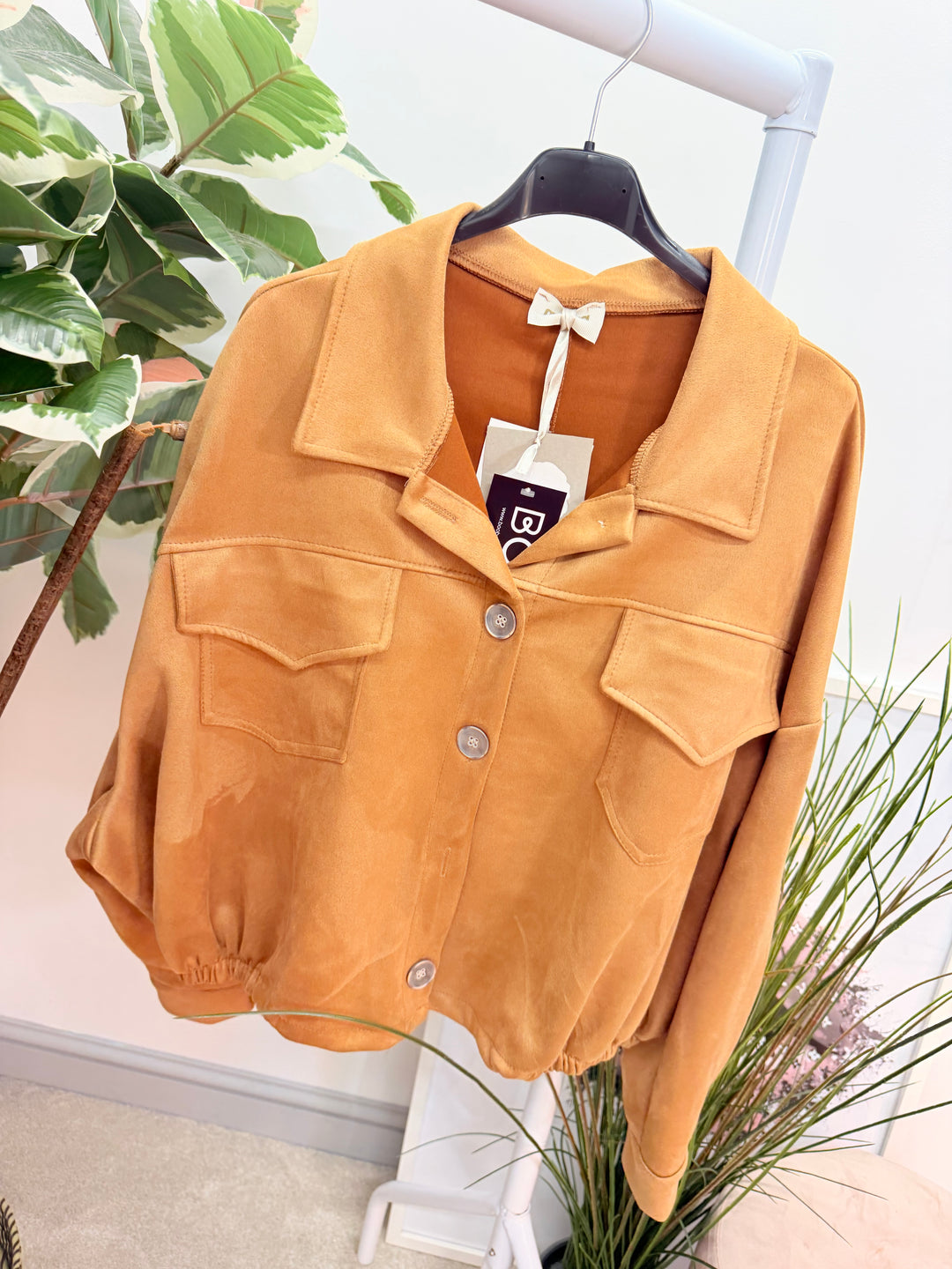 Ladies Fashion Faux Suede Bomber Jacket - camel, brown & lime