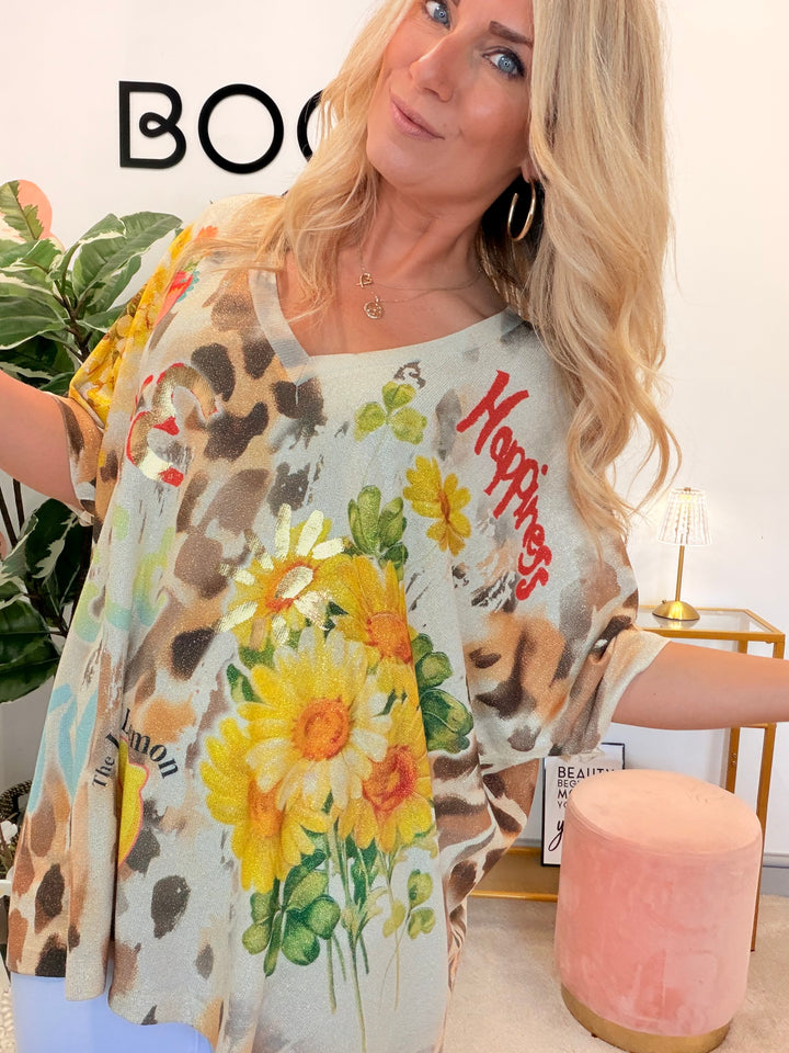 Ladies Lemon Print Lurex Oversize Top