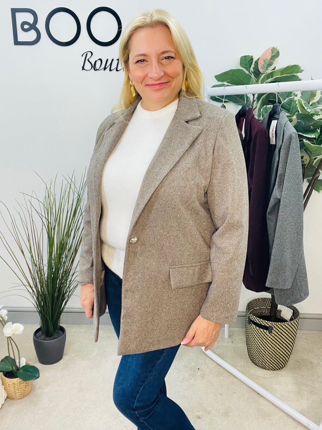 LADIES HERRINGBONE FASHION BLAZER - PLUM, GREY, BEIGE & BROWN