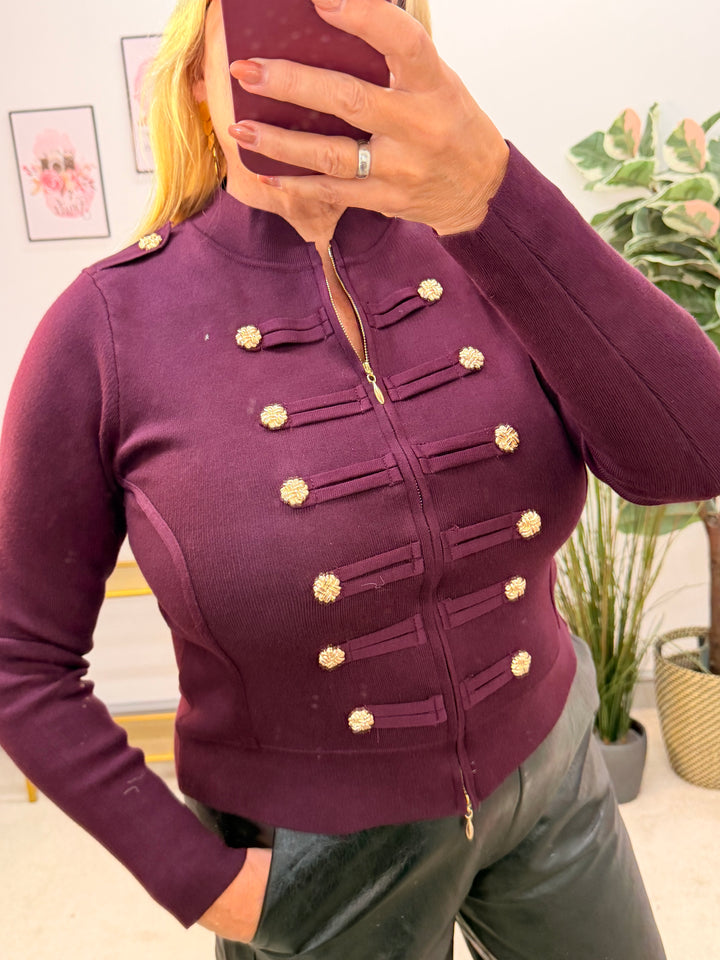 Ladies Fashion Military Knitted Cardigan Jumper - Black, Plum, Beige & Brown