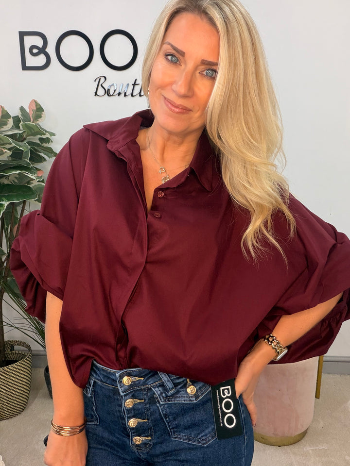 Women's Cotton Puff Sleeve Blouse Shirt Top - White, Burgundy & Brown