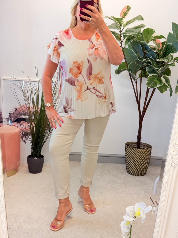 Ladies Pleated Floral Print Chiffon Top - Black, Cream, Blue, Lemon, Pink, Navy, Brown