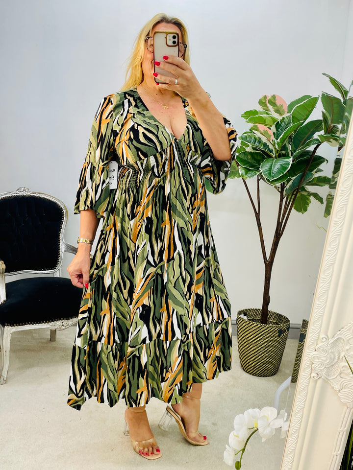 LADIES KHAKI & BLACK MIDI V NECK DAY DRESS