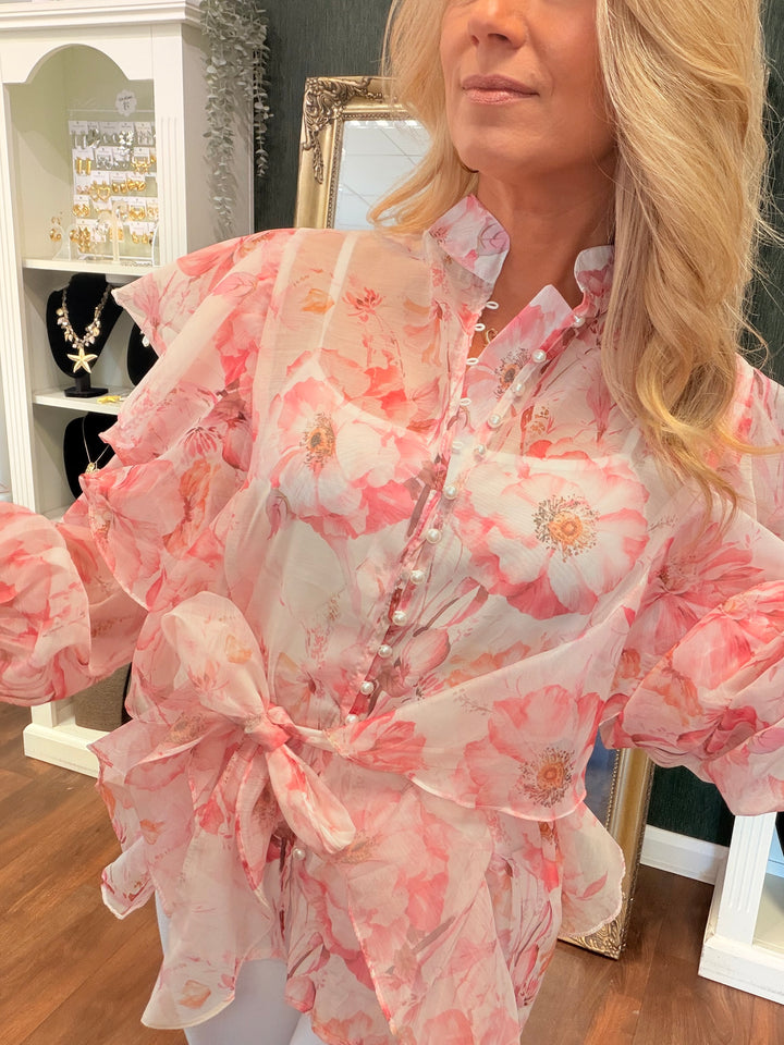 Ladies Sheer Pink Frill Blouse Top