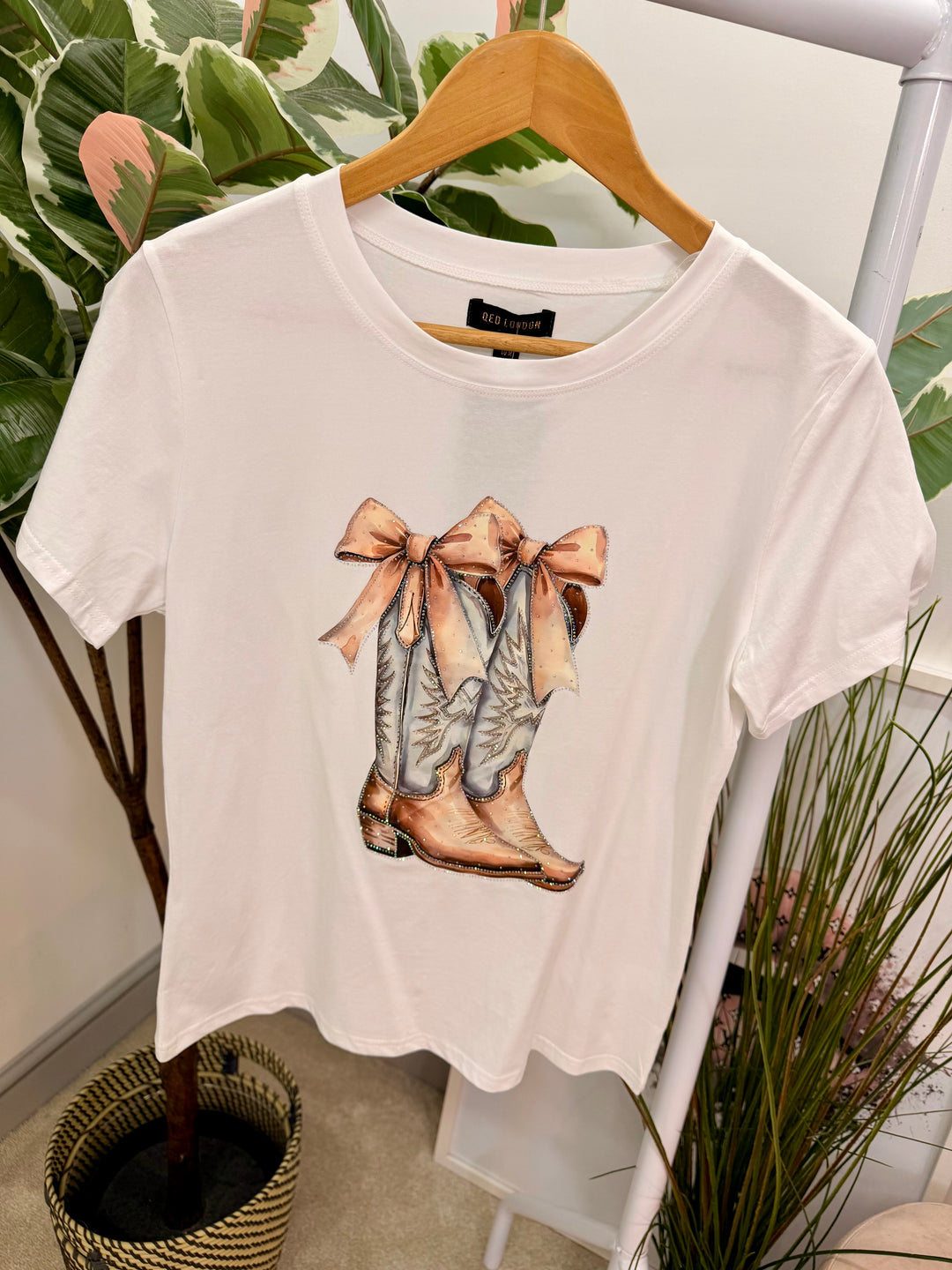 Ladies Fashion Stretch White T Shirt with cowboy boot logo