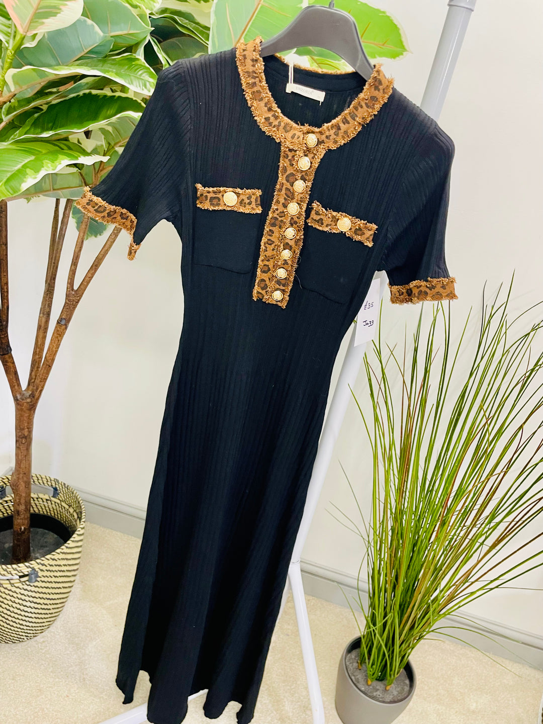 LADIES STRETCH RIBBED KNIT LEOPARD DETAIL MAXI DRESS - WHITE, BLACK, BEIGE & BROWN