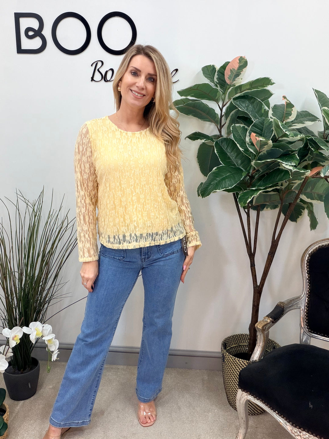 LADIES FASHION LACY LONG SLEEVE TOP - LEMON, WHITE, BLUE & PINK
