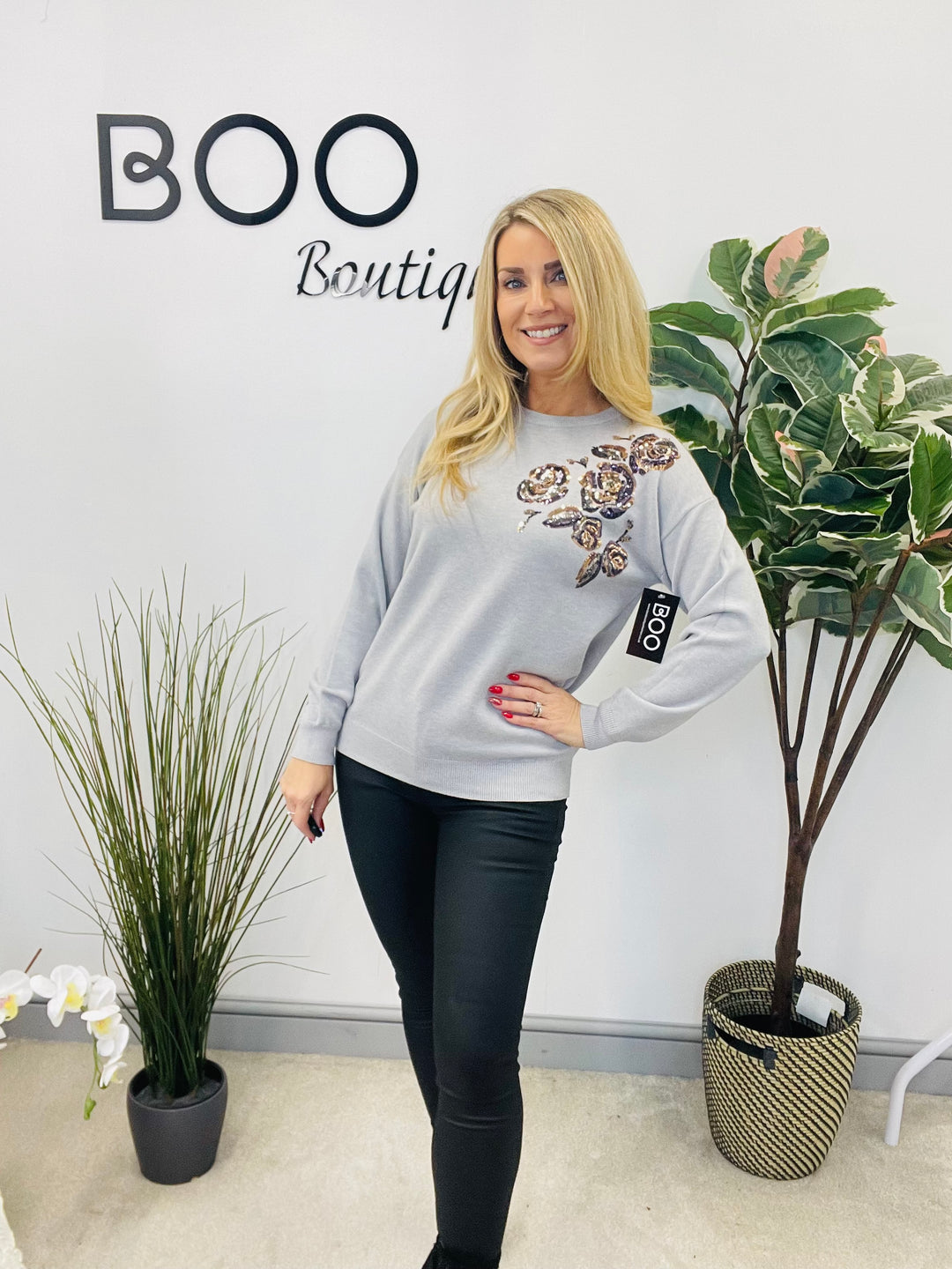 LADIES SEQUIN KNITTED JUMPER - BLACK, WHITE & GREY