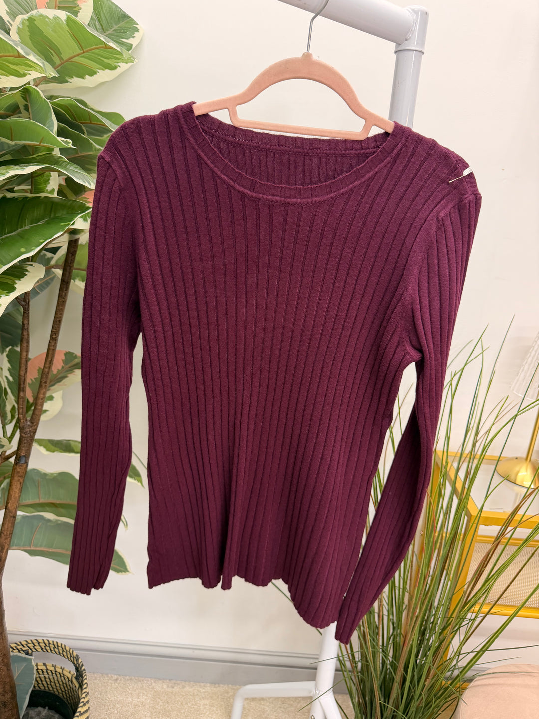Ladies Fashion Staple Style Ribbed Stretch Knit Long Sleeve Top - Black, Wine, Camel, White & Brown
