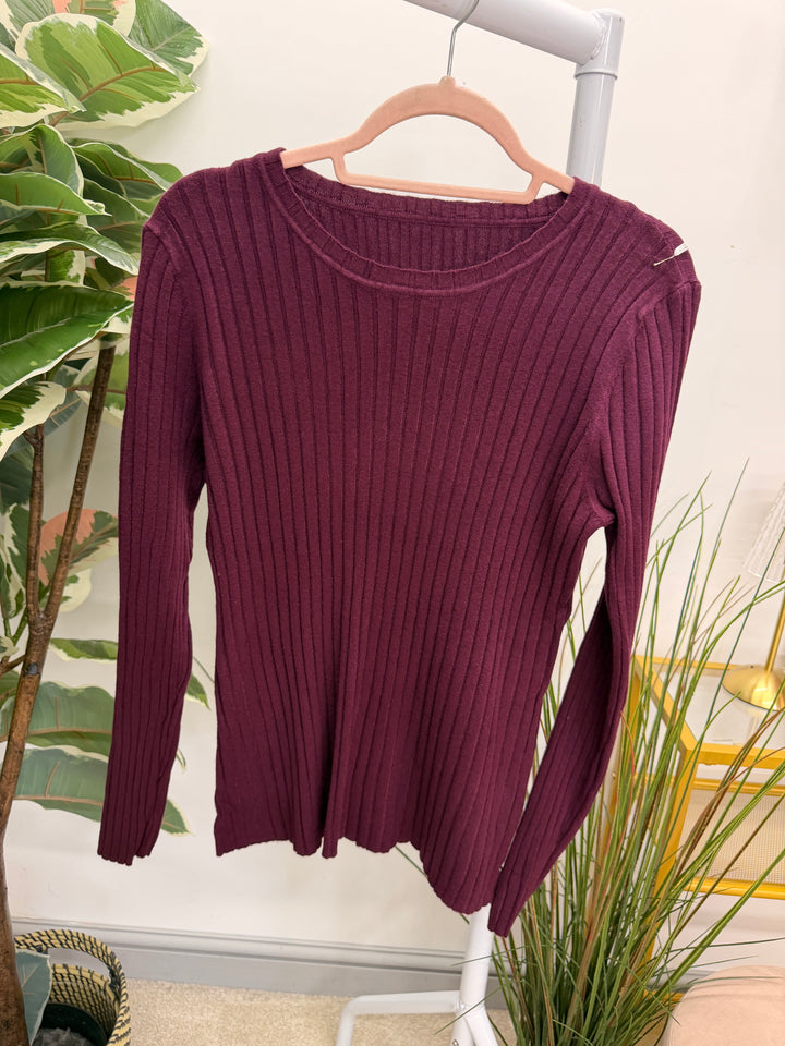 Ladies Fashion Staple Style Ribbed Stretch Knit Long Sleeve Top - Black, Wine, Camel, White & Brown
