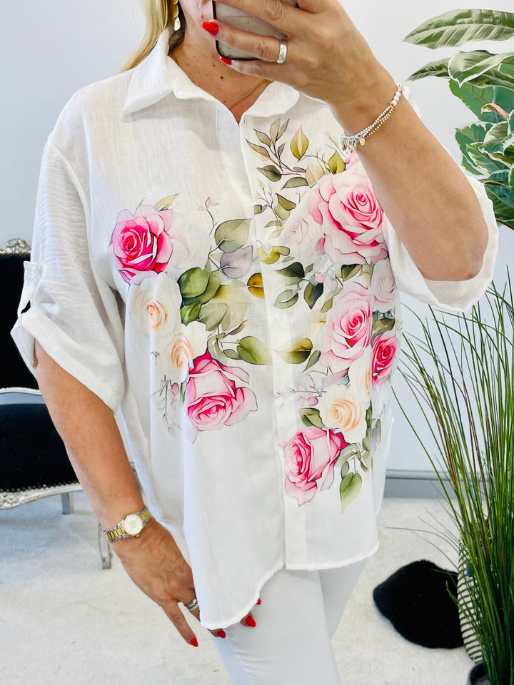 LADIES WHITE FLORAL PRINT LINEN SHIRT