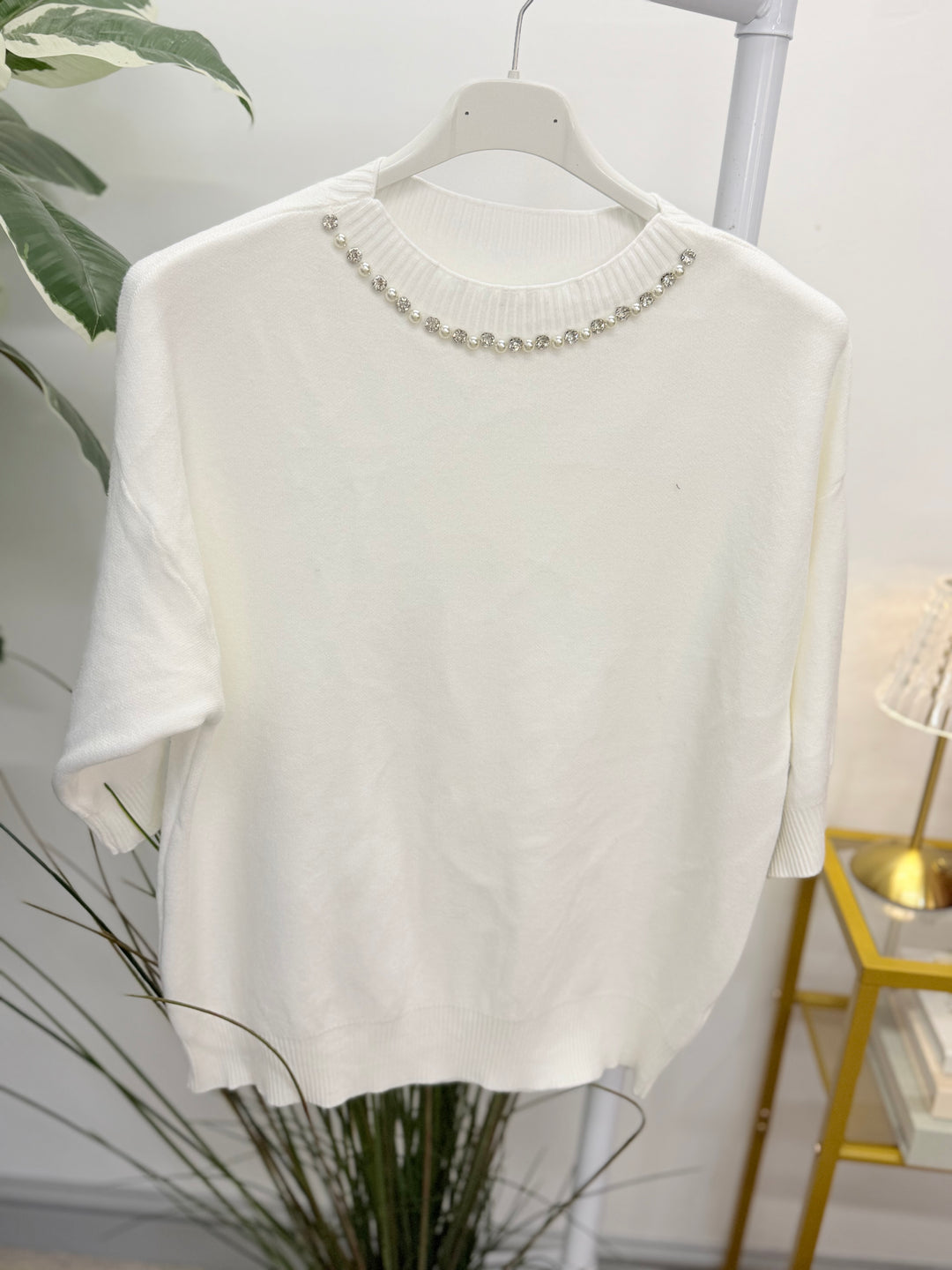 Ladies Fashion Diamante/Pearl Short Sleeve Jumper - Blue, White, Brown, Wine & Navy
