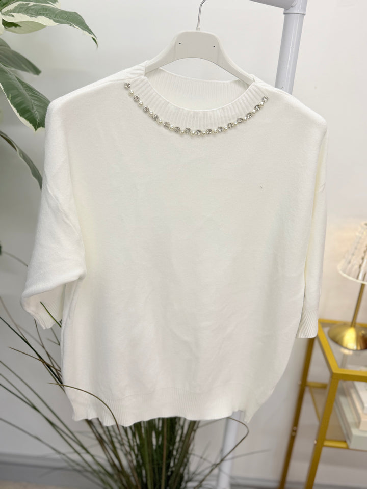 Ladies Fashion Diamante/Pearl Short Sleeve Jumper - Blue, White, Brown, Wine & Navy