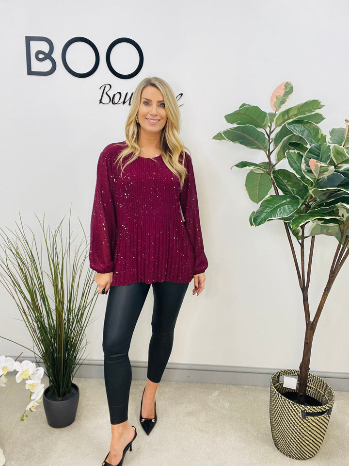 LADIES CHIFFON PLEATED TOP - BLACK, BROWN, WHITE, RED, WINE