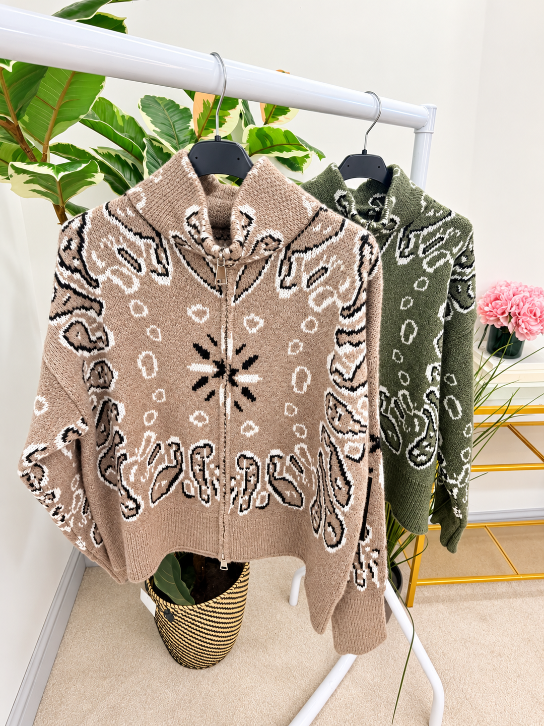 Women's zip up bandana print cardigan - khaki & beige