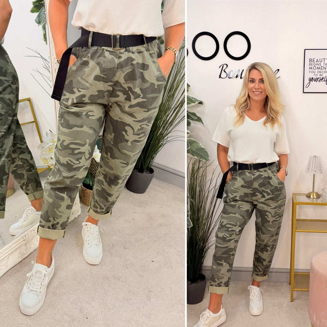 Ladies Fashion Super Stretch Camo Magic Trousers - Khaki & Grey