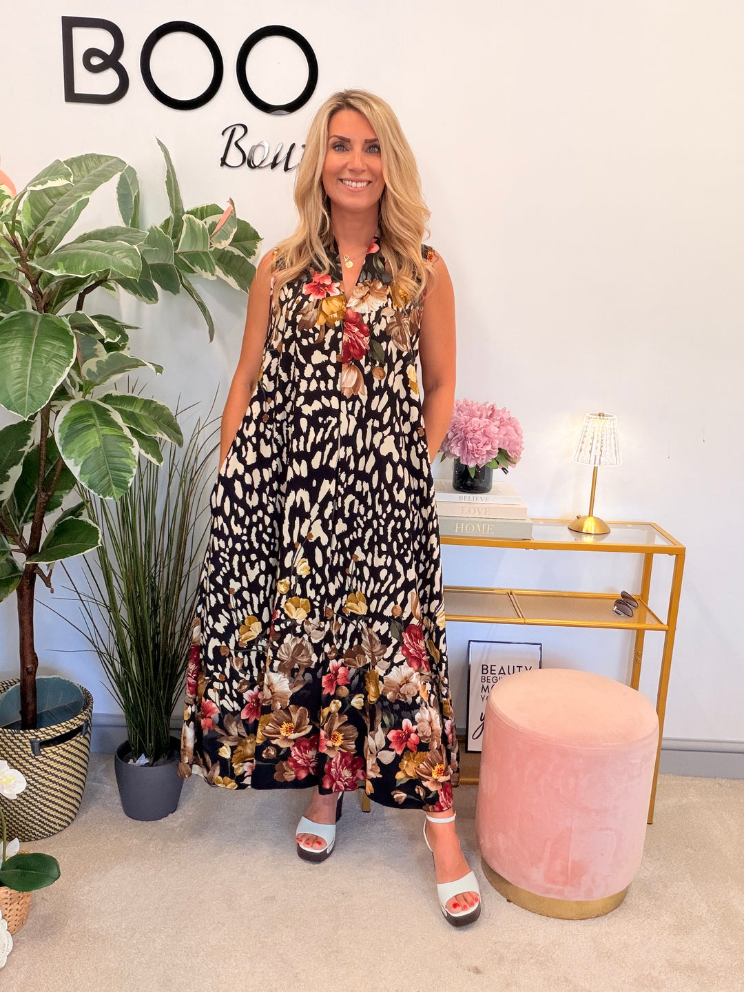 Ladies Animal Print Summer Maxi Dress - Black, White