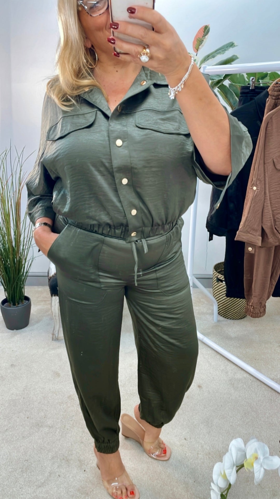 LADIES SATIN BOMBER JACKET JOGGER LEG CO ORD - KHAKI, BLACK & BROWN