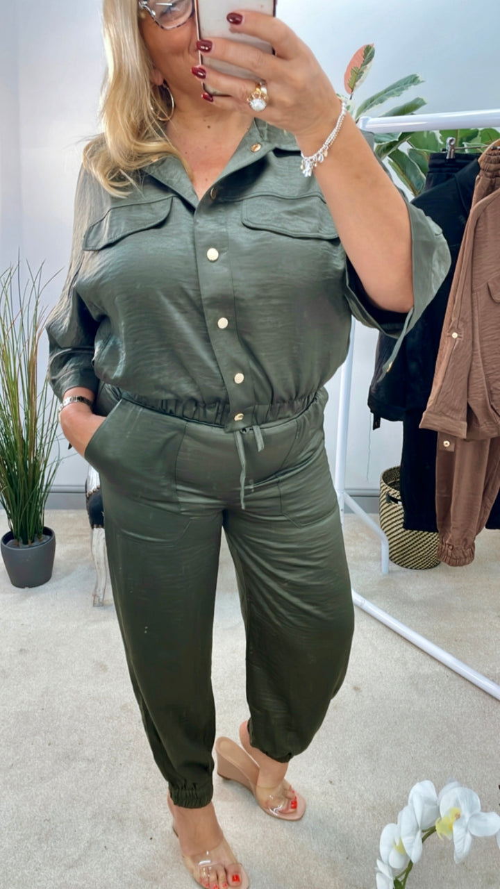 LADIES SATIN BOMBER JACKET JOGGER LEG CO ORD - KHAKI, BLACK & BROWN