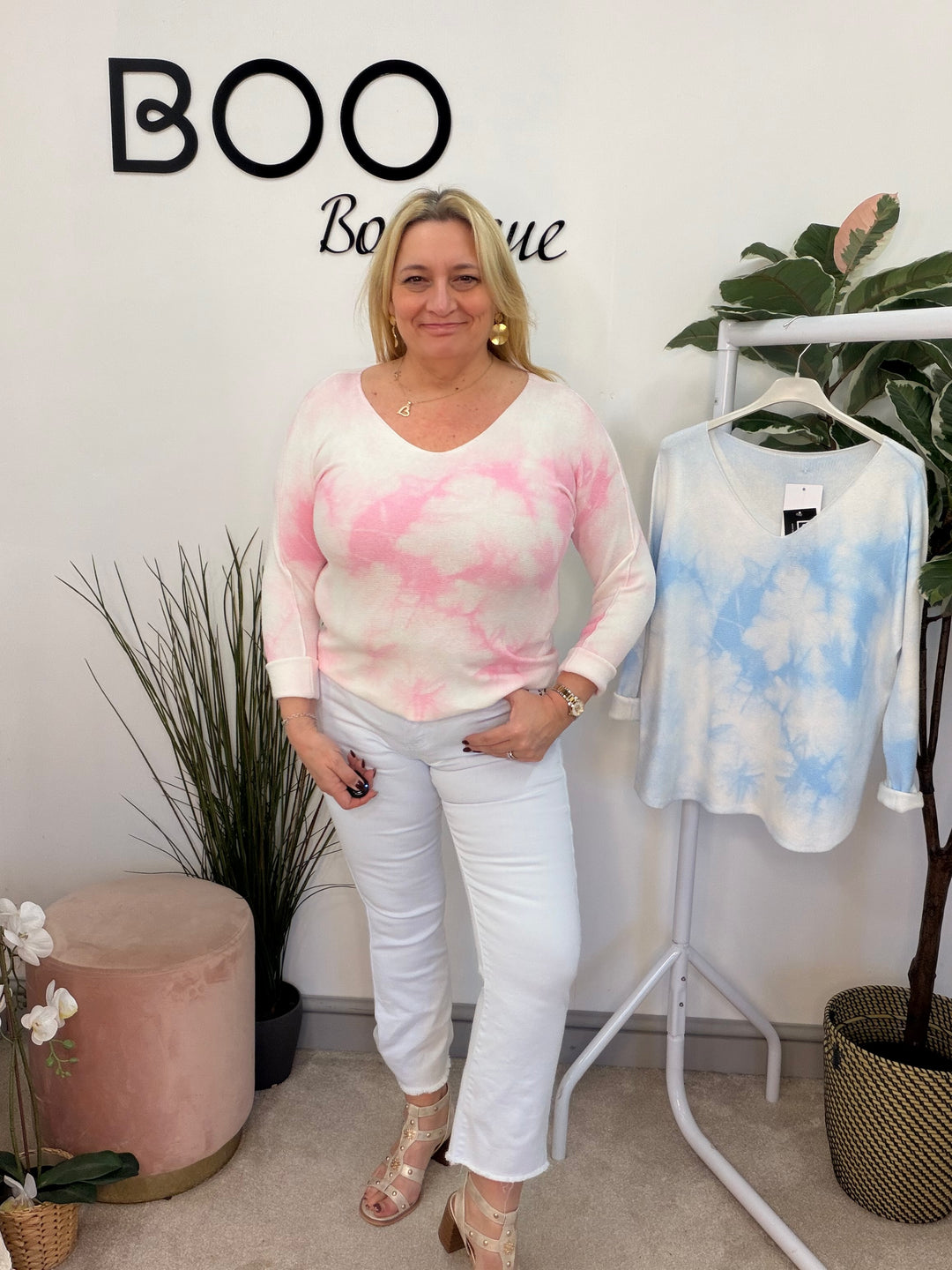 Ladies Fashion Soft Knit White Tye Dye Jumper - pink & blue