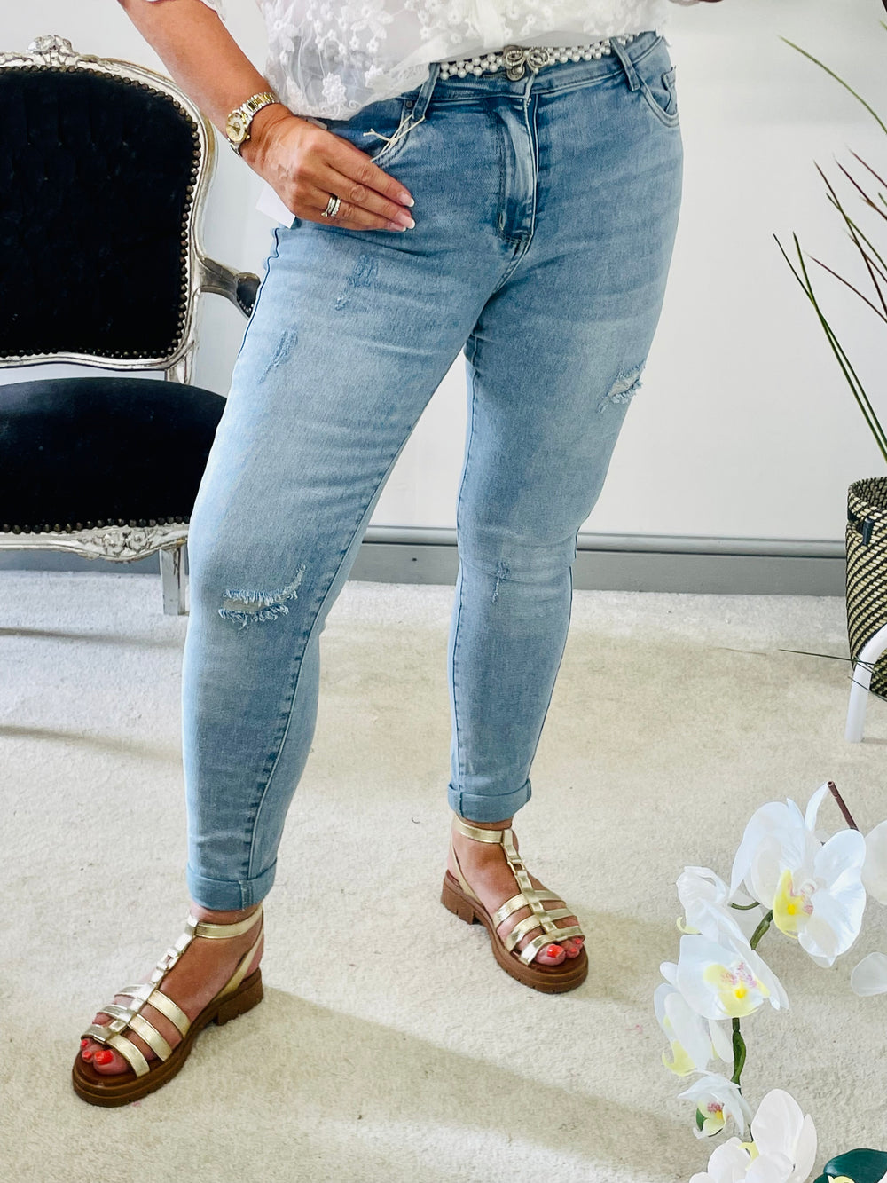 LADIES WOMENS BLUE DENIM DISTRESSED SKINNY ANKLE JEANS