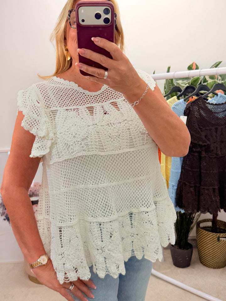 Ladies Pretty Crochet Top - lemon, white, blue, brown & coral 