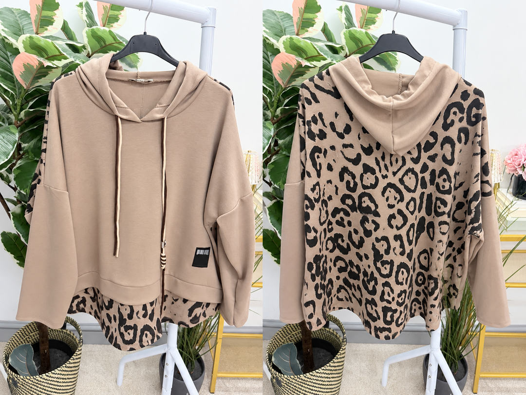 Women's leopard print casual sweat shirt hoody top - black, white & white