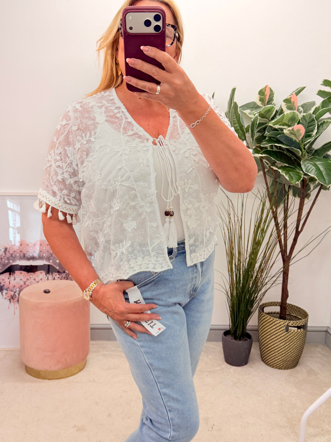 Ladies Fashion Sheer Sparkly Bolero Cardigan - white and Beige