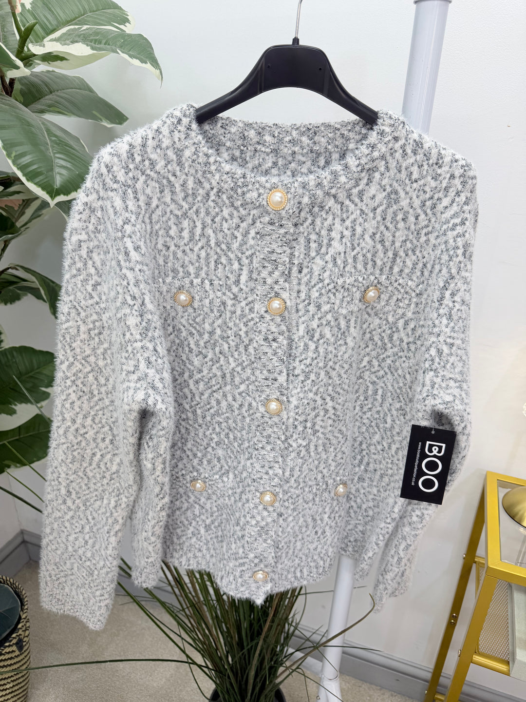 Ladies Fashion Soft Fluffy White Cardigan Jumper - Black & Brown fleck