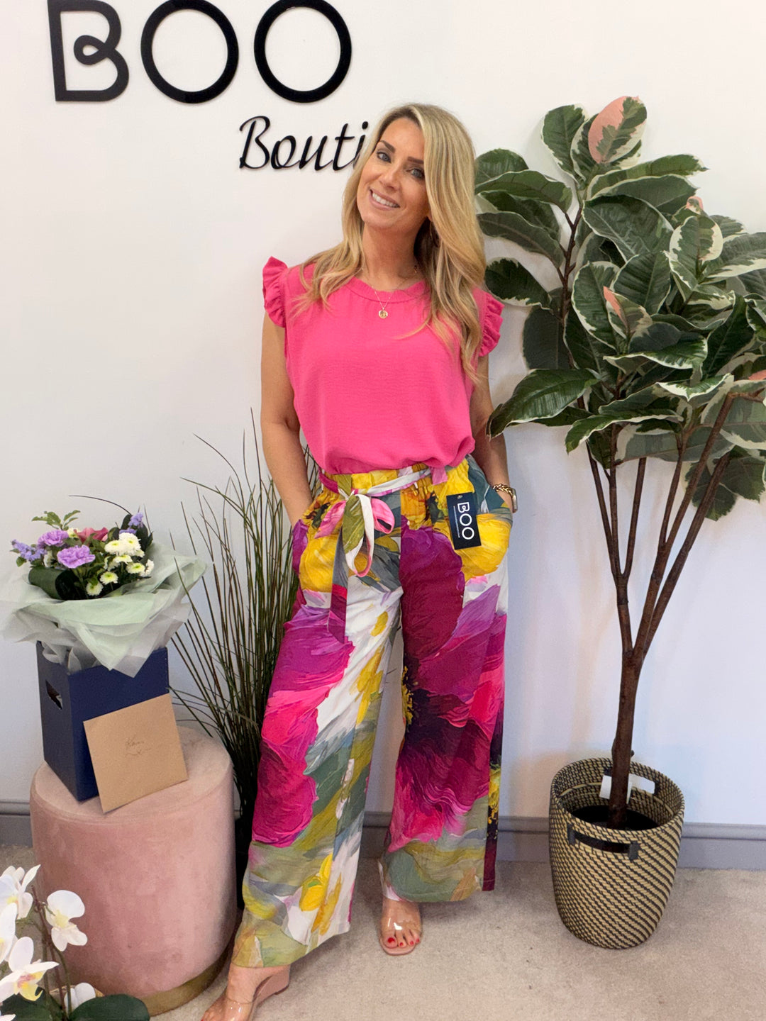 Ladies Fashion Frill Cap Sleeve Top fuschia pink