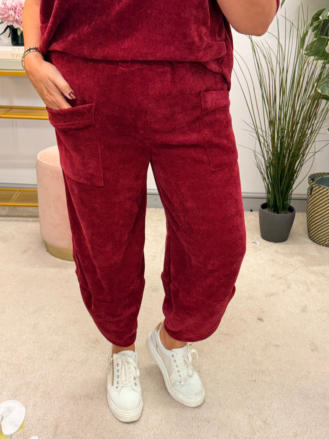 Womens chenille harem trouser two piece co ord set - black, wine, khaki & brown