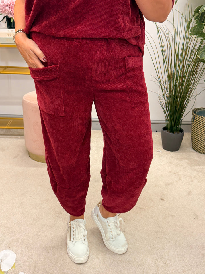 Womens chenille harem trouser two piece co ord set - black, wine, khaki & brown
