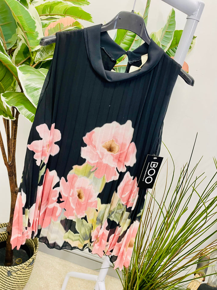 LADIES PLEATED FLOWER PRINT CHIFFON TOP - BLACK, KHAKI, LEMON, PINK & NAVY
