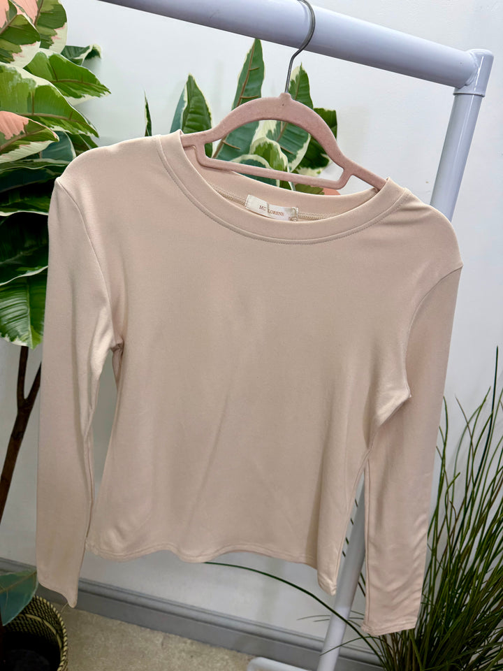 LADIES FLEECE LINED LONG SLEEVE BASIC TOP - BLACK & BEIGE